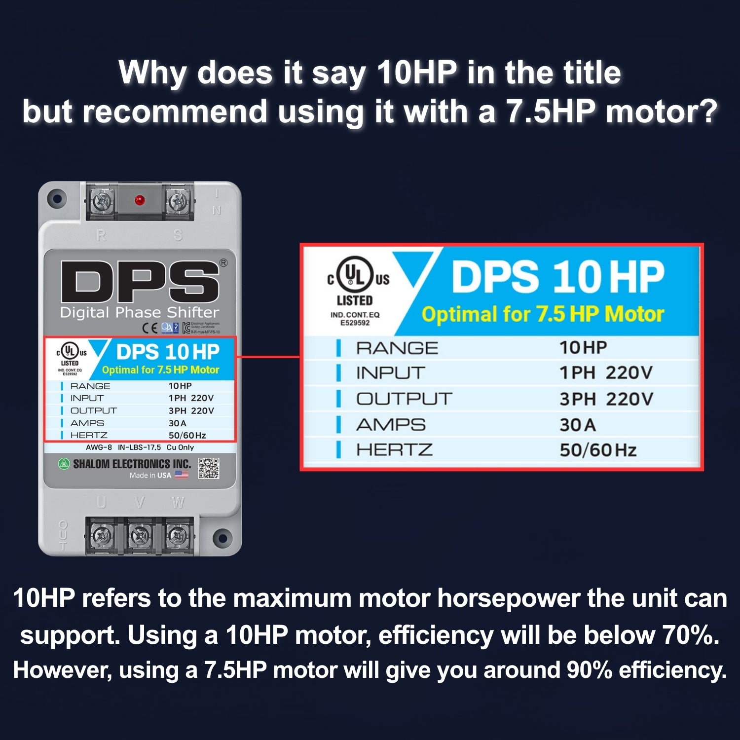 American DPS Single Phase to 3 Phase Converter, 10HP, 30A, Input/Output 200V - 240V, Digital Phase Shifter, Must Be Used for 7.5HP(5.5kW) 23A Motor, DPS Must Be dedicated to 1 Motor Only, UL-Listed