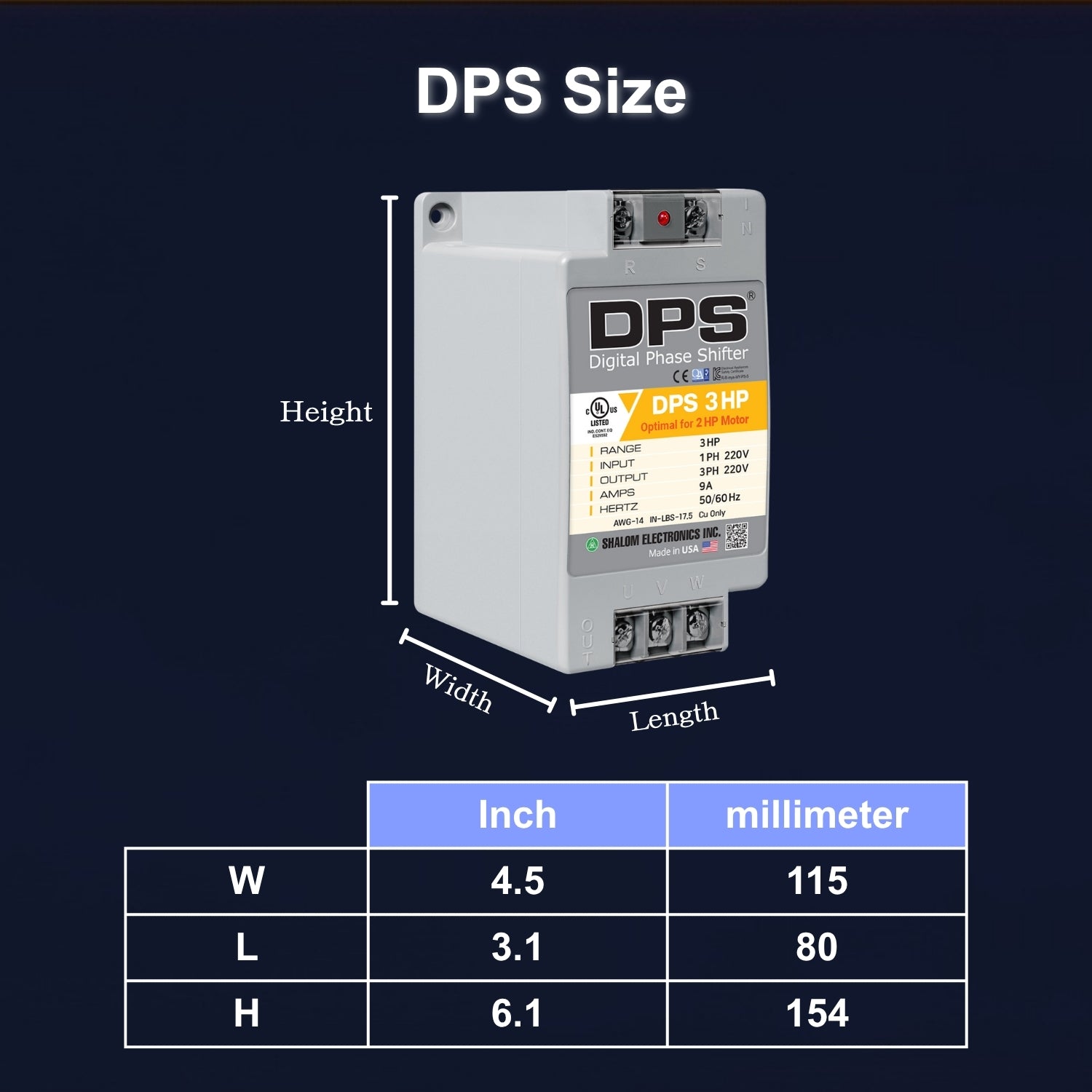 American DPS Single Phase to 3 Phase Converter, 3HP, 9A, Input/Output 200V - 240V, Digital Phase Shifter, Must Be Used for 2HP(1.5kW) 6A Motor, DPS Must Be dedicated to 1 Motor Only, UL-Listed