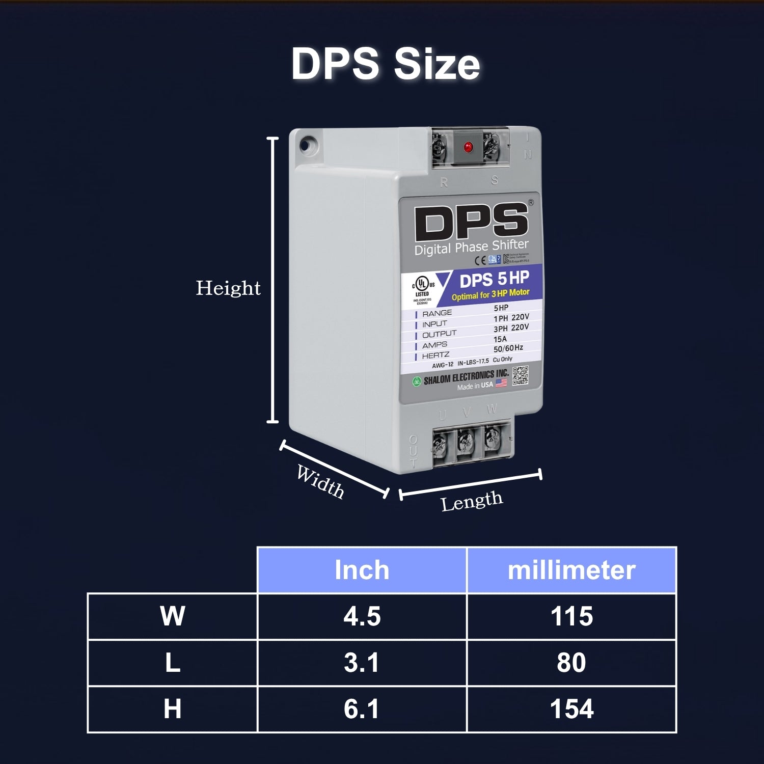 American DPS Single Phase to 3 Phase Converter, 5HP, 15A, Input/Output 200V - 240V, Digital Phase Shifter, Must Be Used for 3HP(2.2kW) 9A Motor, DPS Must Be dedicated to 1 Motor Only, UL-Listed