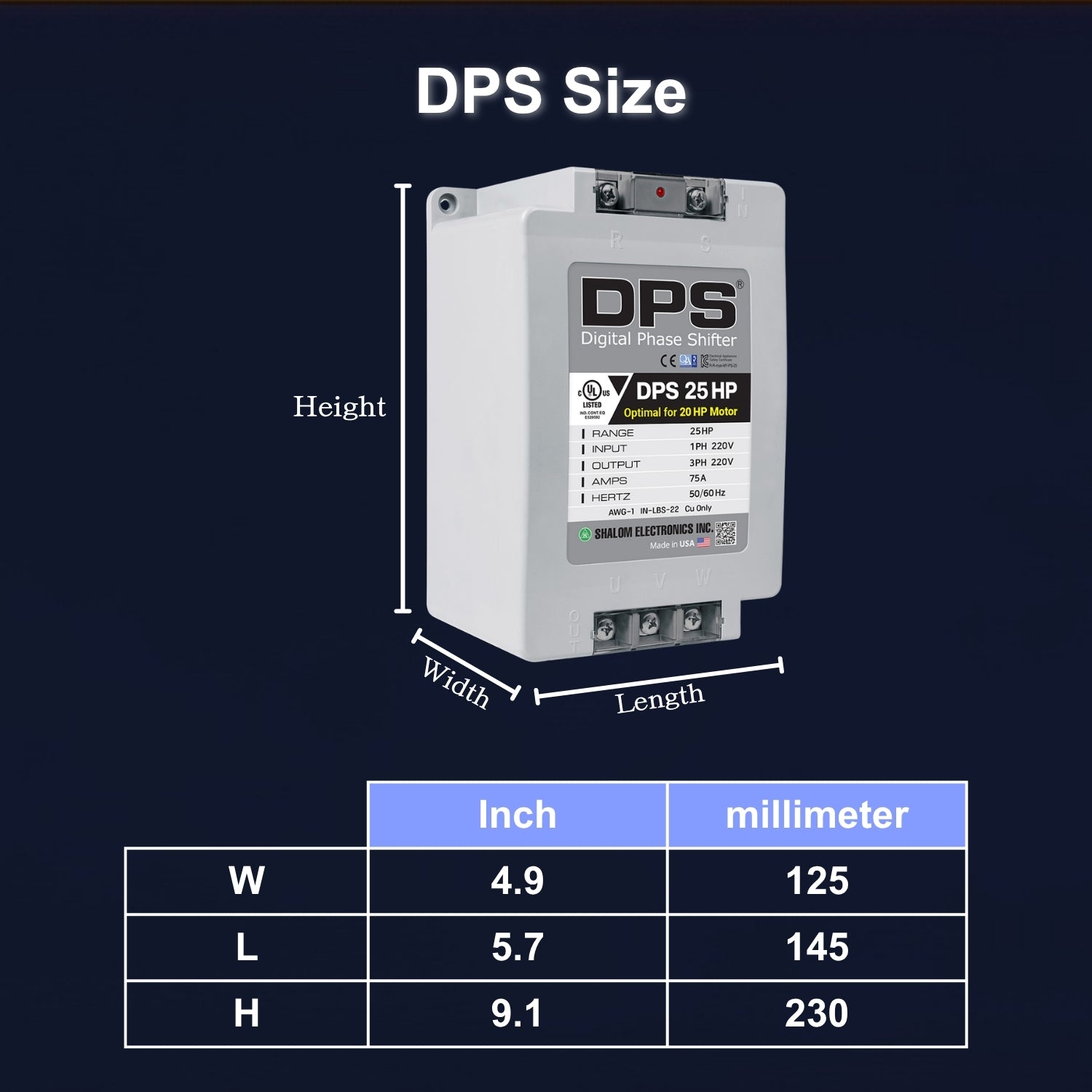 American DPS Single Phase to 3 Phase Converter, 25HP, 75A, Input/Output 200V - 240V, Digital Phase Shifter, Must Be Used for 20HP(15kW) 60A Motor, DPS Must Be dedicated to 1 Motor Only, UL-Listed