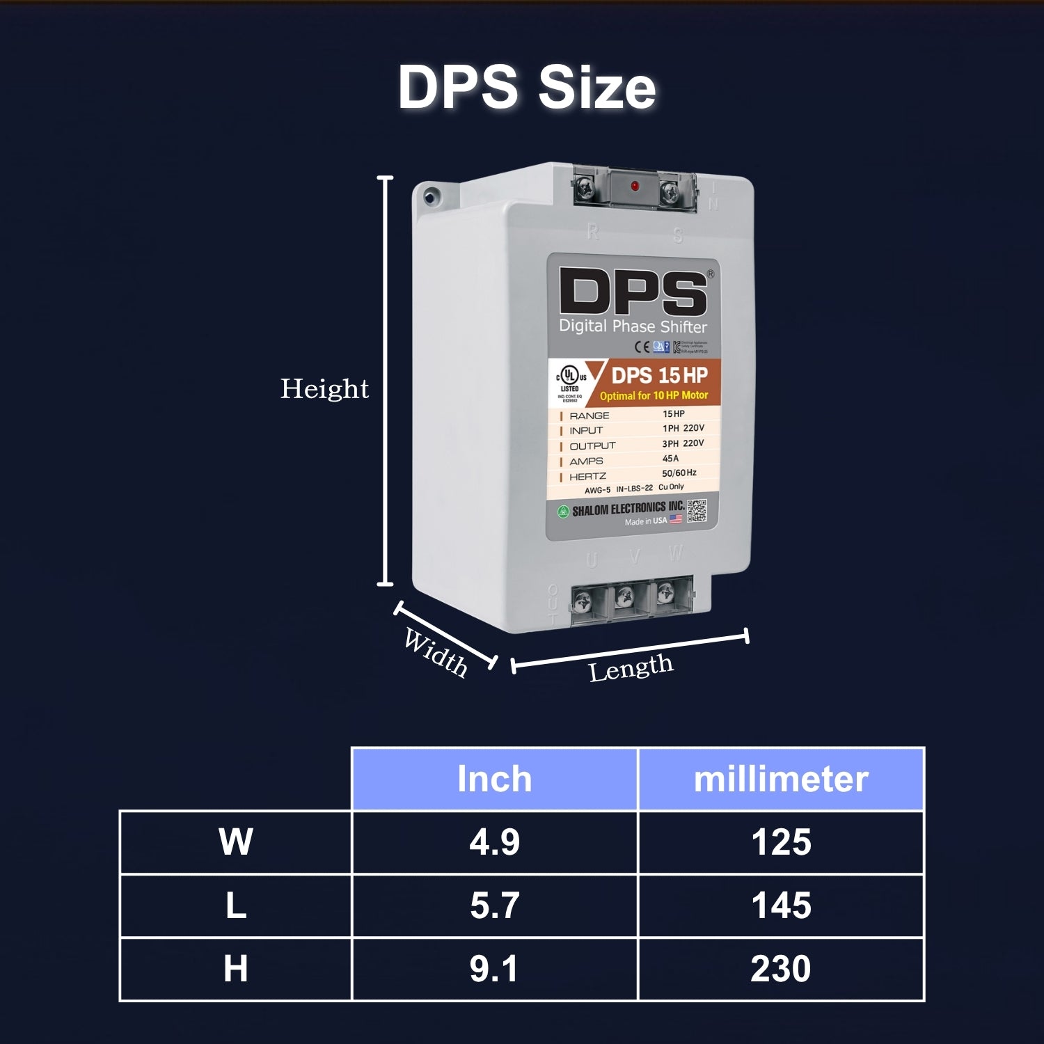 American DPS Single Phase to 3 Phase Converter, 15HP, 45A, Input/Output 200V - 240V, Digital Phase Shifter, Must Be Used for 10HP(7.5kW) 30A Motor, DPS Must Be dedicated to 1 Motor Only, UL-Listed